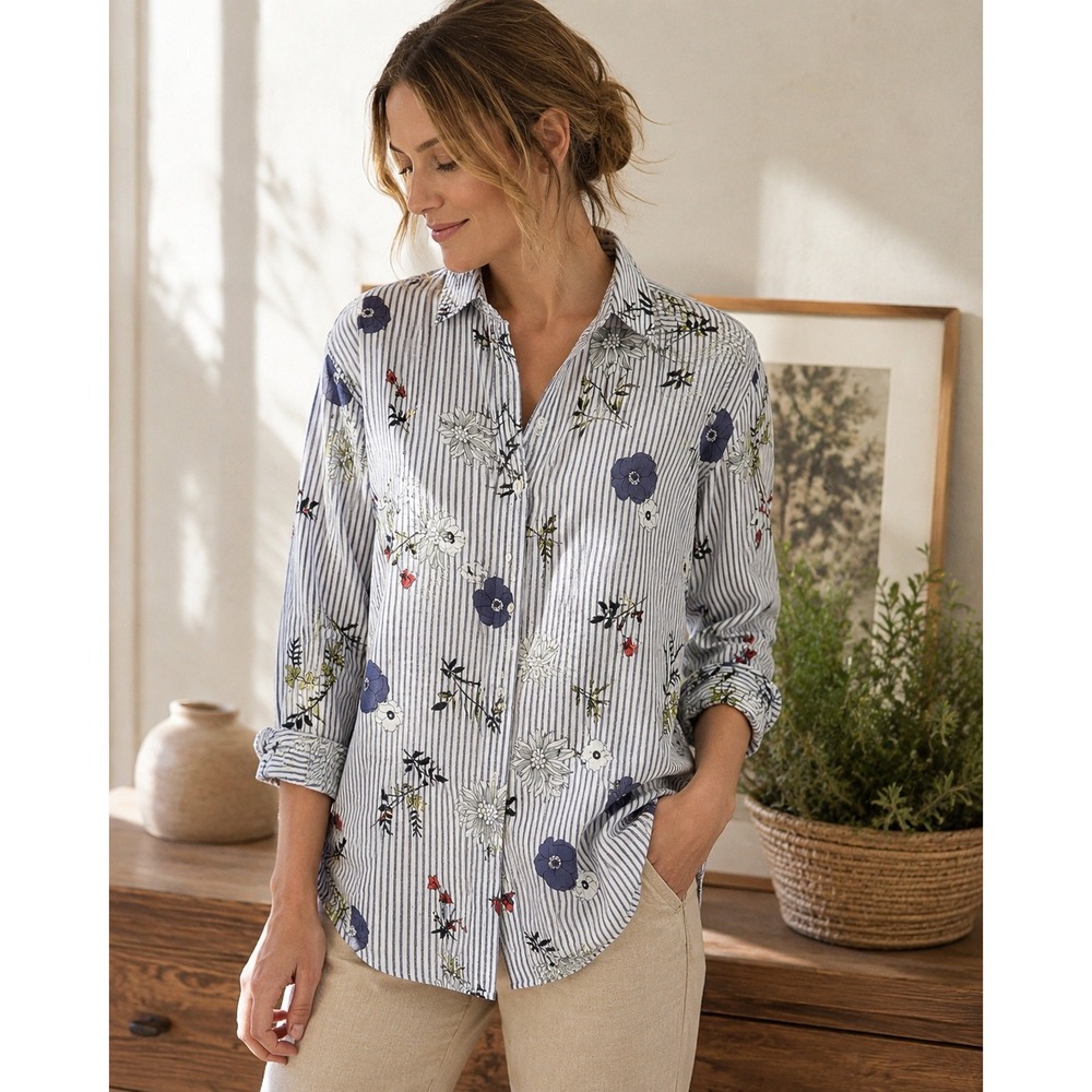 Charter Club Button Down Shirt Womens XL Blue White Floral Striped Linen